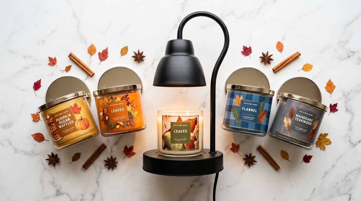 Bath and Body Works 3-wick candle jars (Pumpkin Pecan Waffles, Leaves, Flannel, Mahogany Teakwood) arranged around the GODONLIF adjustable warmer lamp — autumn flat lay