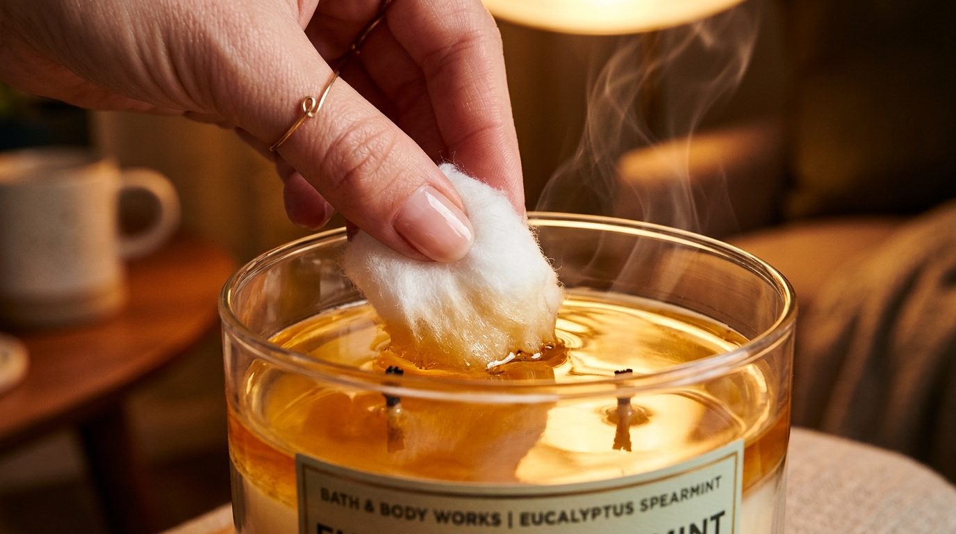 Close-up macro: hand placing cotton balls into golden liquid wax inside a Bath and Body Works candle jar under the halogen glow of the GODONLIF warmer