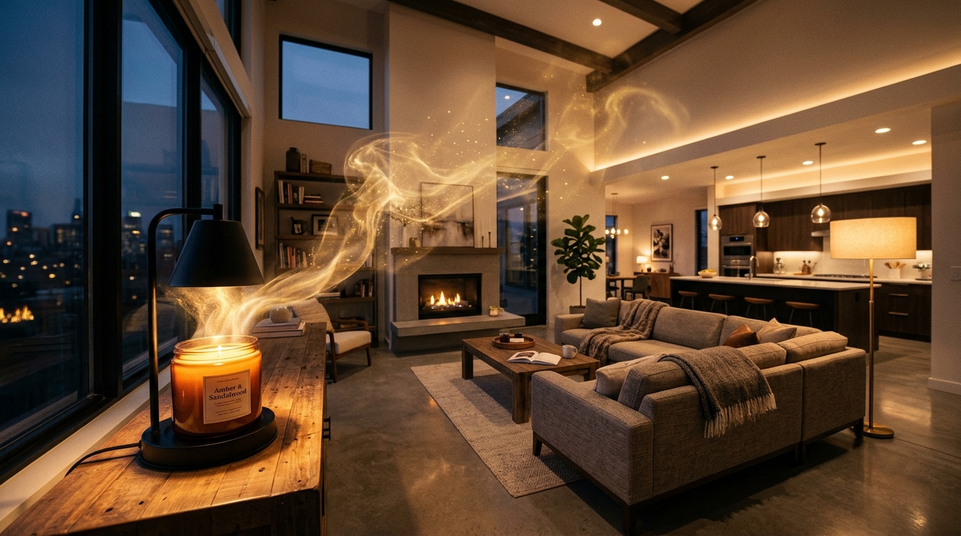Cinematic wide-angle living room filled with golden fragrance particles spreading from the GODONLIF candle warmer — 1000 square foot scent throw visualization