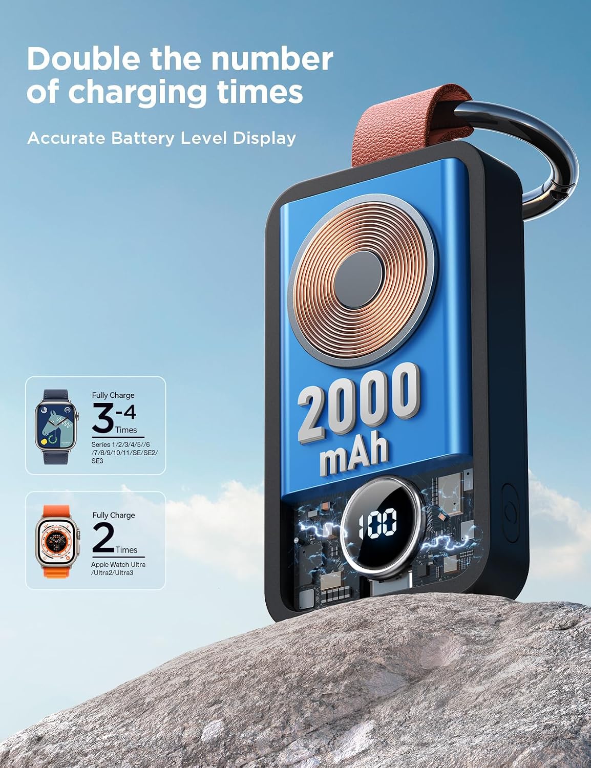 JOYROOM 2000mAh Portable Wireless Charger internal copper coil architecture showing 3-4 full charges for Apple Watch Series 11/10/SE and 100% Digital LED Display