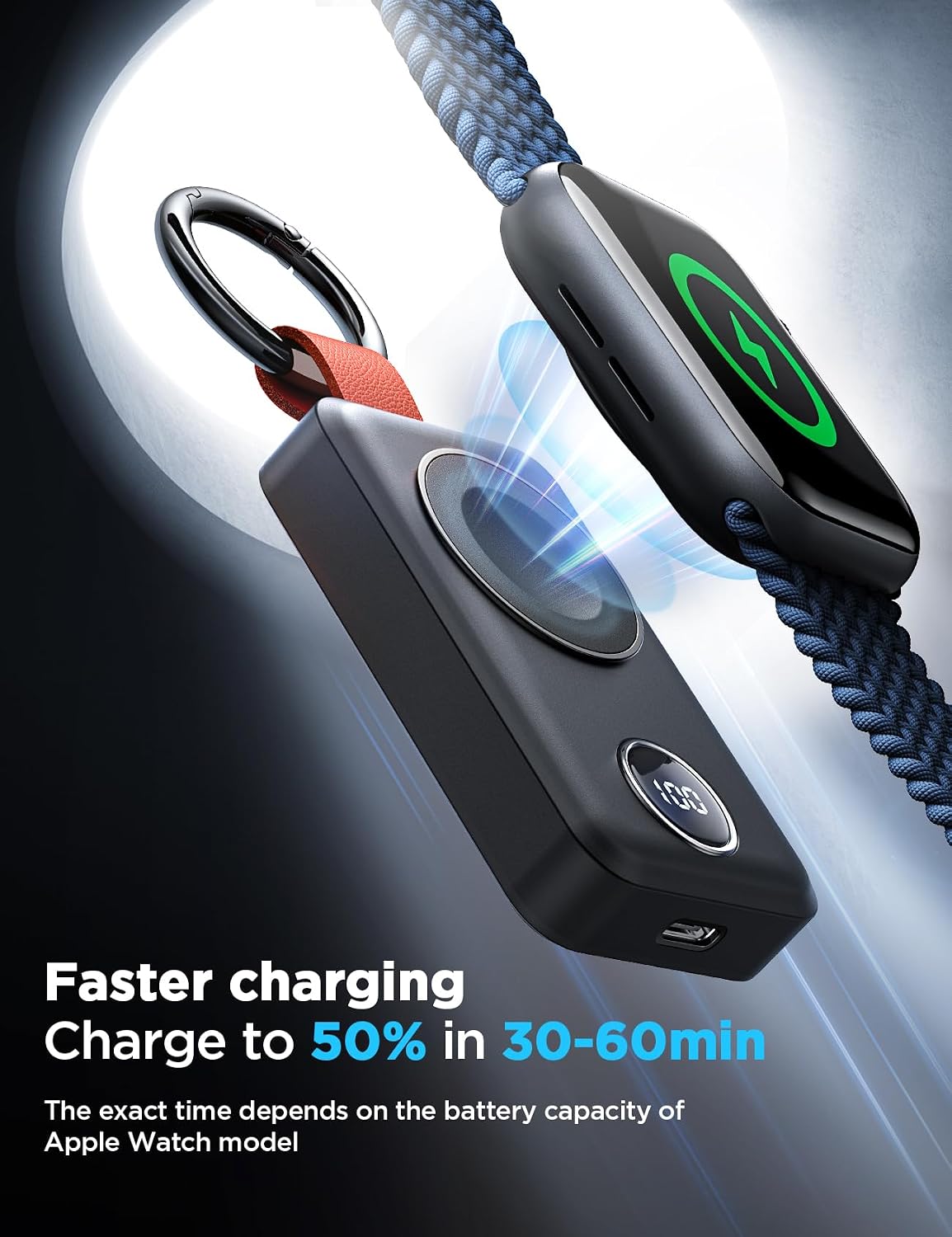 JOYROOM Fast Wireless Apple Watch Charger reaching 50% charge in 30 to 60 minutes with magnetic auto-alignment and USB-C input