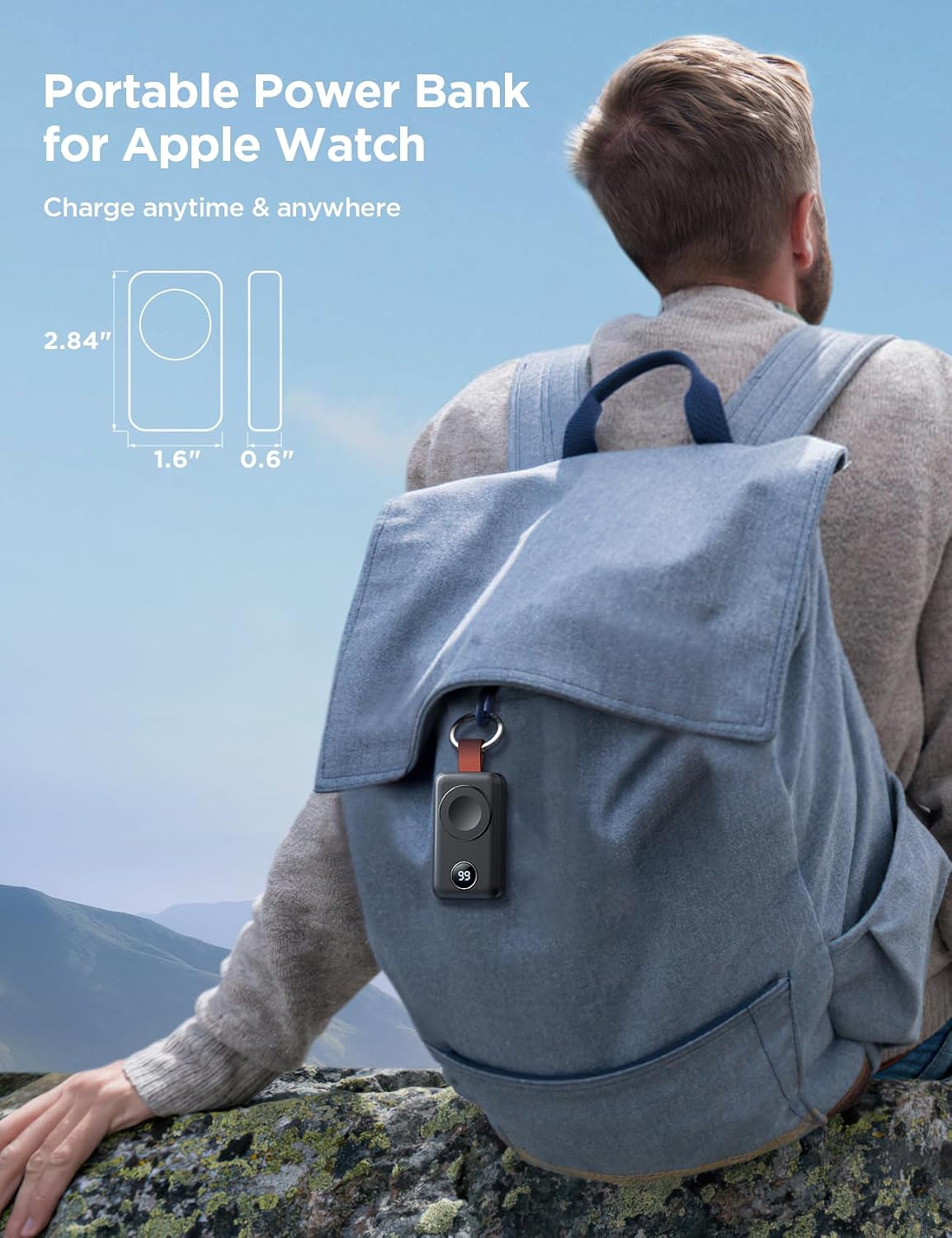 JOYROOM Portable Power Bank for Apple Watch clipped to an outdoor backpack showing compact 2.84 x 1.6 x 0.6 inch pocket dimensions