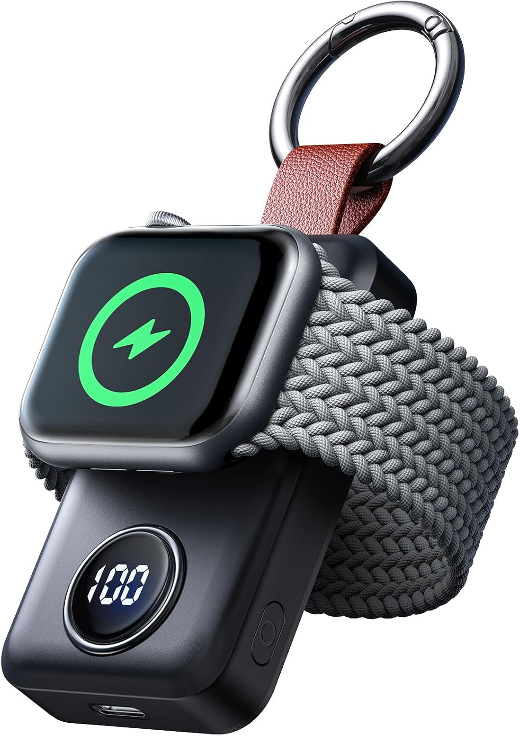 JOYROOM Portable 2000mAh Wireless Charger Keychain for Apple Watch with 100% Digital LED Display and Leather Carabiner Loop